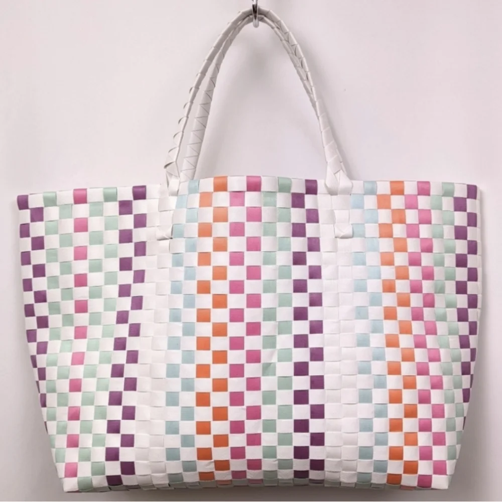 Kate Spade Multicolor Woven Tote Checkerboard Pastel Brights Striped Beach Bag L
